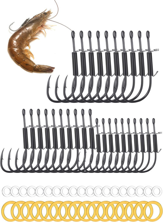 10/30 Packs Fishing Hooks - Live Shrimp Fishing Hooks | Premium Carbon Steel Barbed Hooks with 2 Sizes of Rubber Bands for Catfish and Bass, Strong Barbed Hooks Adapt to Various Fishing